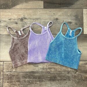 Ribbed Crop Tank Tops - Blue, Lavender, Brown (3-Pack)